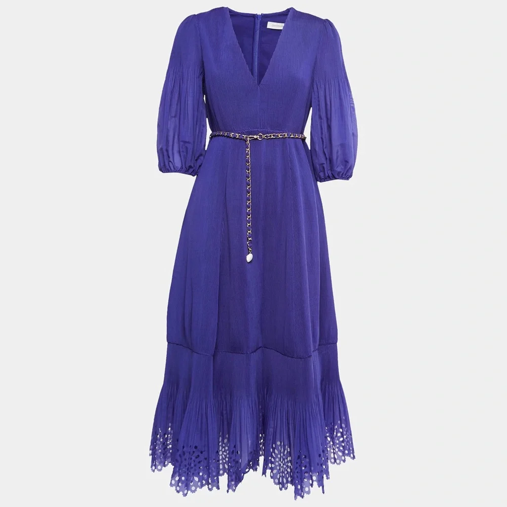 Zimmermann Laser Cut Purple Plisse Taffeta Midi Dress Size 0